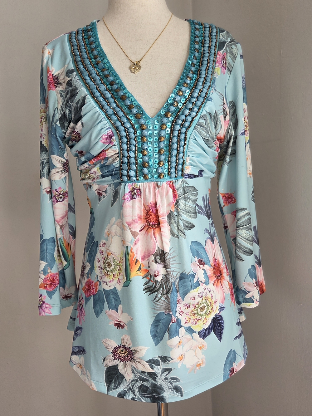 Boston Proper Light Turquoise Floral V-Neck Tunic with Beaded Trim